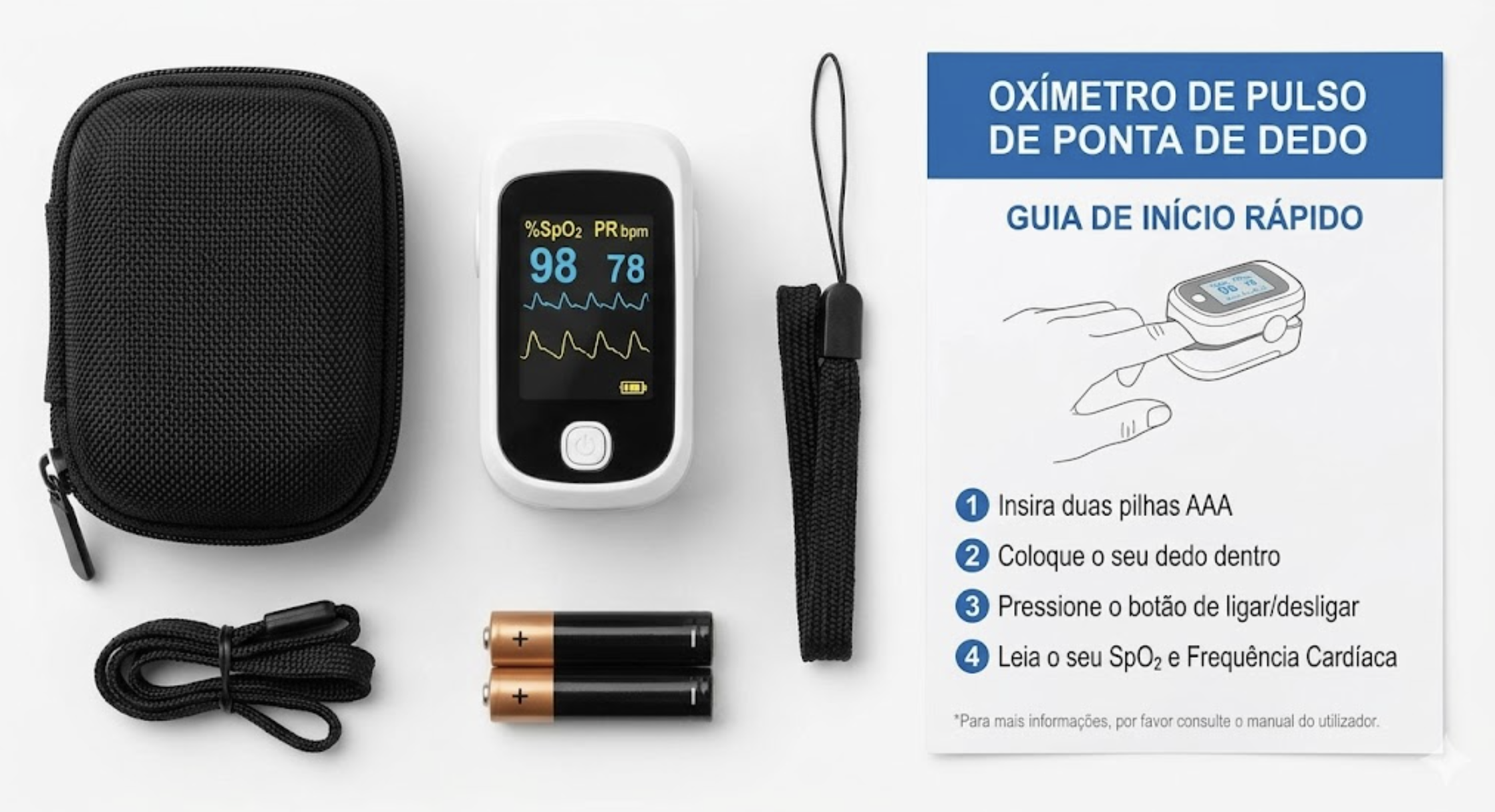 Kit completo PulseGuard: oxímetro, estojo de transporte, fita, pilhas e guia de início rápido dispostos