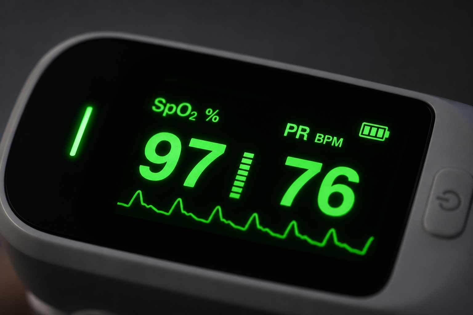 Grande plano do ecrã OLED verde a mostrar SpO2 97% e frequência cardíaca 76 BPM com onda