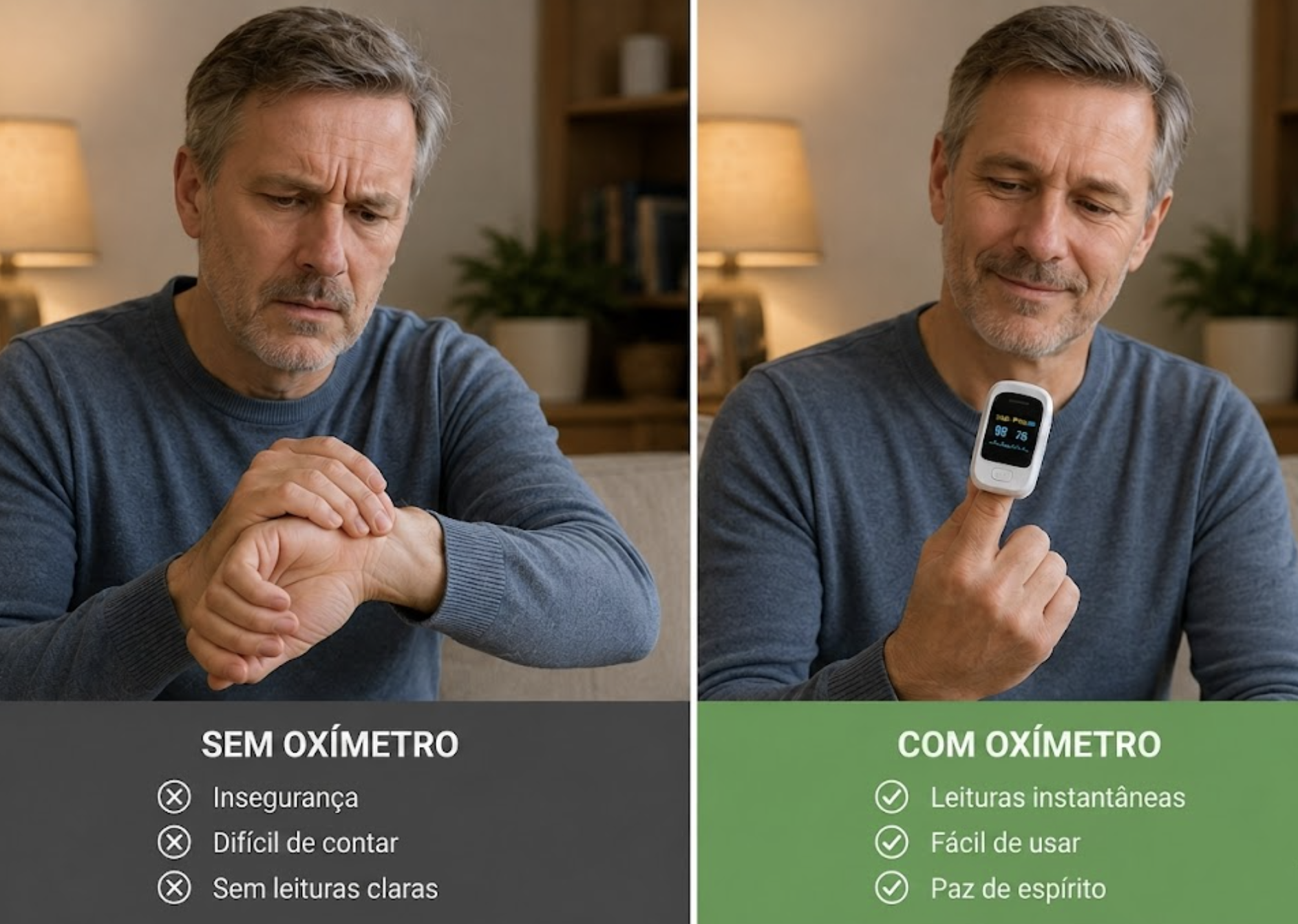 Antes e depois: sem oxímetro o homem parece ansioso a contar o pulso à mão; com o oxímetro segura o dispositivo com calma a ver a leitura instantânea