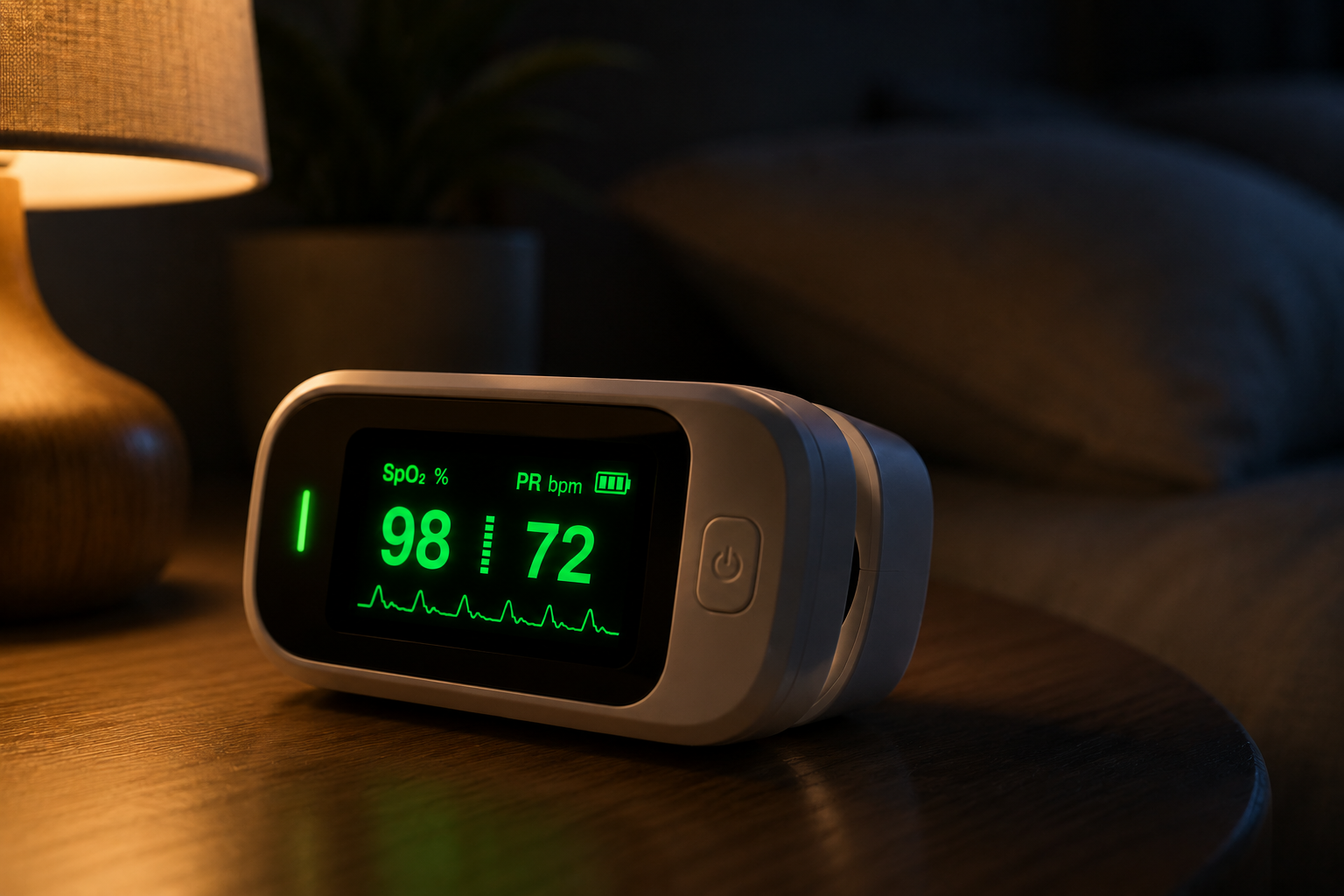 PulseGuard numa mesa de cabeceira à noite, ecrã OLED verde a brilhar no escuro